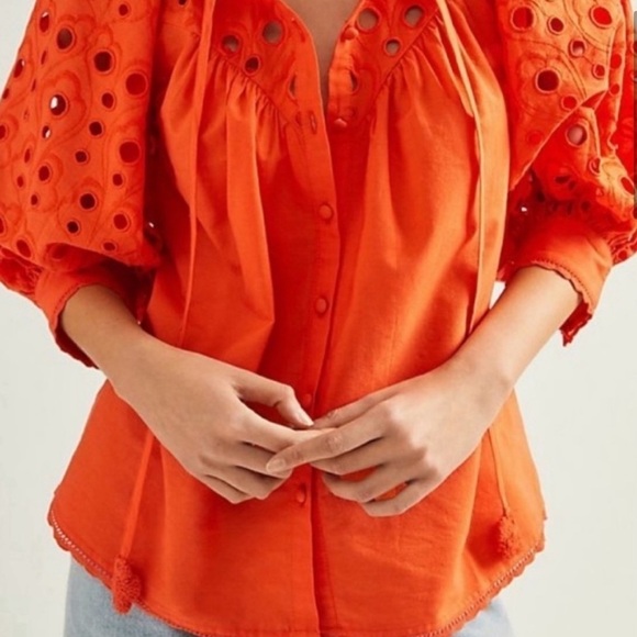 Anthropologie Chatal Eyelet Embellished Button Down Orange Bohemian Blouse Sz XS - Picture 2 of 11